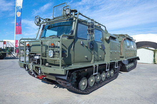 MOSCOW REGION, RUSSIA - AUGUST 27, 2020: Russian GAZ-3344-20 "Aleut" lightweight universal tracked carrier close-up. Exhibit of the international military forum "Army-2020." Patriot Park