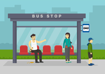 Annoying drunk man.Drunkard male character holding bottle in his hand and yelling to passengers at bus stop.Flat vector illustration template.