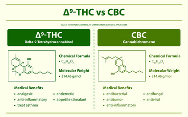 Obraz premium ∆9-THC vs CBC, Delta 9 Tetrahydrocannabinol vs Cannabichromene horizontal infographic