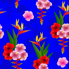 Fototapeta na wymiar tropical pattern. exotic hibiscus flowers in tropical island seamless pattern