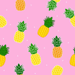 Yellow pineapple pattern.  pineapple with green leaves in cute girly style with pink background, good for fabric, paper, stationary, textile, fashion, etc.