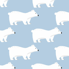  Childish seamless pattern with polar bear on blue background. Hand-drawn pattern with polar bear in cartoon style.