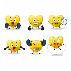 A healthy yellow love gummy candy cartoon style trying some tools on Fitness center