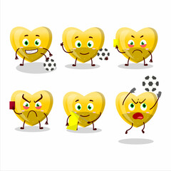 Yellow love gummy candy cartoon character working as a Football referee