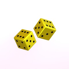 Two randomly rotated yellow dice with black embossed dots. Isolated on white background. 3d render.