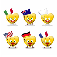 Yellow love gummy candy cartoon character bring the flags of various countries