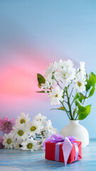 Beautiful festive still life with a gift in red paper, white flowers in a white vase on a blue background.