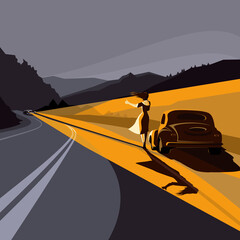 A girl on the road asks for help from the driver of an oncoming car. Vector illustration.