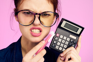 woman secretary with notepad and pencil office work pink background