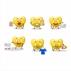 A Rich yellow love gummy candy mascot design style going shopping