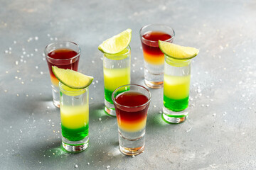 Cocktail Collection layered shots. Mexican alcoholic cocktail drinks shot.