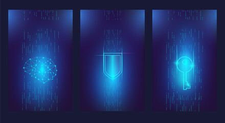 Neon virtual key, shield and brain on the data stream. Vector illustration on cybersecurity and virtual reality. A set of templates for a vertical banner or cover.