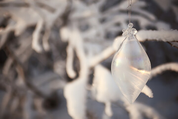 glass christmas tree toy nature background, christmas card finland lapland decor landscape