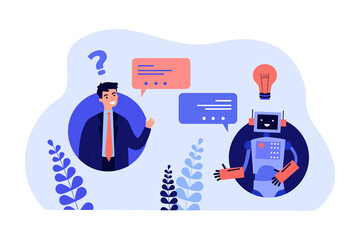 Questions of businessman to robot secretary. Man learning from AI how to problem solving flat vector illustration. Business automation, support concept for banner, website design or landing web page
