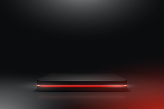 Blank geometrical shapes podium and red neon for product. Scenes in black color. Vector illustration