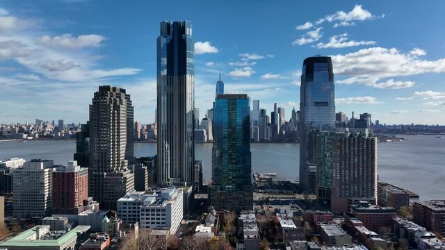 flying counter clockwise around riverfront of Jersey City