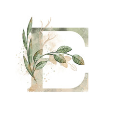 Green and gold creative floral watercolor letter composition