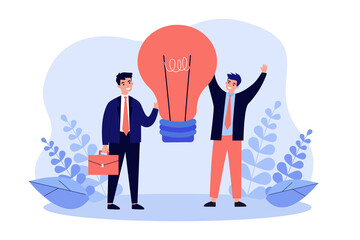 Tiny business people standing with light bulb. Teamwork of persons on creative idea flat vector illustration. Energy of inspiration, success concept for banner, website design or landing web page