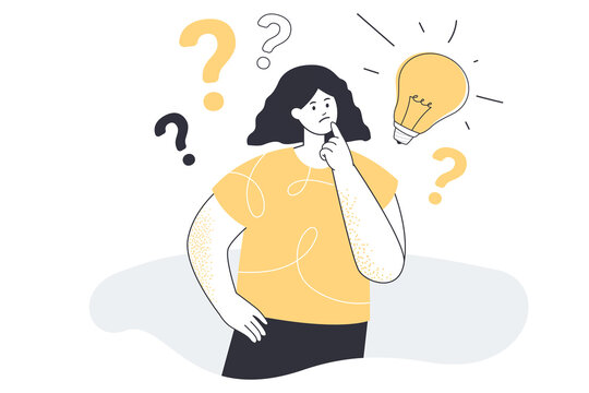 Woman wondering with thoughtful face and question marks with idea light bulb above head. Female character thinking flat vector illustration. Problem solving, solution finding concept