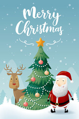 Christmas poster and greeting card template with Santa, Christmas tree and reindeer on blue background. Vector illustration for banner, flyer, greeting card, poster and advertisement.