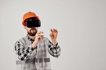 male worker in virtual reality glasses innovation studio industry