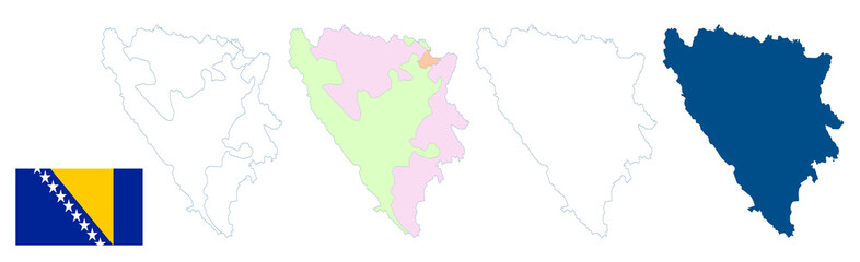 Bosnia and Herzegovina map. Detailed blue outline and silhouette. Administrative divisions. Country flag. Federation of Bosnia and Herzegovina. Republika Srpska. Brčko District. Set of vector maps.