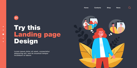 Cartoon person with long hair changing image. Flat vector illustration. Man or woman imagining getting short haircut in barber chair. Hairdressing saloon, barbershop, image change, style concept