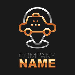 Line Map pointer with taxi car icon isolated on black background. Location symbol. Colorful outline concept. Vector