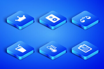 Set Clinical record, Crown, Thermometer, Glass with water, Stereo speaker and Scales of justice icon. Vector