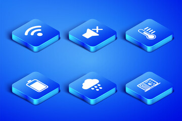 Set Medical clinical record, Wi-Fi wireless network, Cloud with rain, Battery, Speaker mute and Thermometer icon. Vector