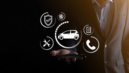 Digital composite of Man holding car icon.Car automobile insurance and car services concept....