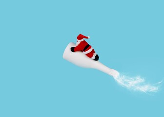Christmas scene with Santa Claus flying on champagne bottle rocket on blue sky background. Creative...