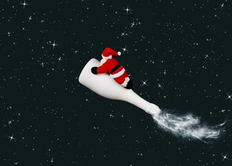 Christmas night scene with Santa Claus flying on champagne bottle rocket on black sky background....