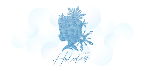 illustration of silhouette girl or princess with snowflake ornament design, abstract background happy holidays letter font applicable for greeting card, invitation birthday, banner, poster winter. © DJOE n REIZ
