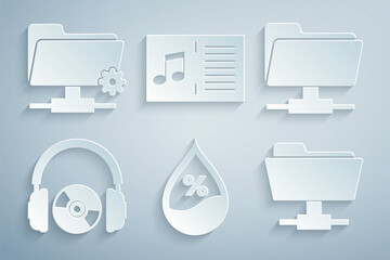 Set Water drop percentage, FTP folder, Headphones and CD or DVD, , Music book with note and settings icon. Vector