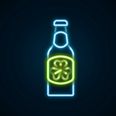 Glowing neon line Beer bottle with clover trefoil leaf icon isolated on black background. Happy Saint Patricks day. National Irish holiday. Colorful outline concept. Vector