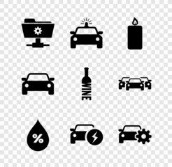 Set FTP settings folder, Police car and flasher, Burning candle, Water drop percentage, Electric and Car service icon. Vector