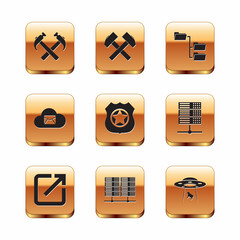 Set Two crossed hammers, Open in new window, Server, Data, Web Hosting, Police badge, Cloud mail server and Folder tree icon. Vector