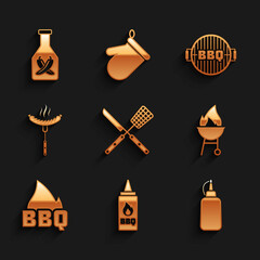 Set Crossed knife and spatula, Ketchup bottle, Mustard, Barbecue grill, fire flame, Sausage on the fork, and icon. Vector