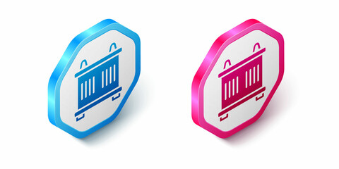 Isometric Container icon isolated on white background. Crane lifts a container with cargo. Hexagon button. Vector
