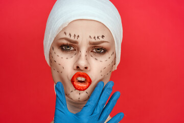 portrait of a woman Red lips plastic surgery operation bare shoulders isolated background
