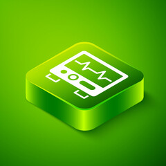 Isometric Computer monitor with cardiogram icon isolated on green background. Monitoring icon. ECG monitor with heart beat hand drawn. Green square button. Vector