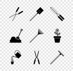 Obraz premium Set Gardening handmade scissor, shovel, Watering can, rake, Shovel the ground and for leaves icon. Vector