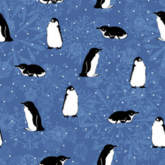 penguins and snowflakes. color repetitive background. vector seamless pattern. winter illustration. fabric swatch. wrapping paper. continuous design template for greeting card, banner, textile
