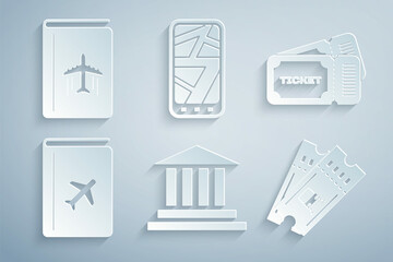 Set Museum building, Ticket, Cover book travel guide, Train ticket, Infographic of city map and icon. Vector