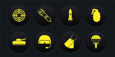 Set Military tank, Hand grenade, helmet, dog tags, Biohazard rocket, Nuclear, Parachute and Target sport icon. Vector