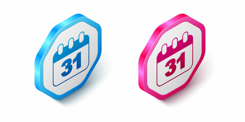 Isometric Calendar with Halloween date 31 october icon isolated on white background. Happy Halloween party. Hexagon button. Vector