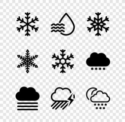 Set Snowflake, Water drop percentage, Fog and cloud, Cloud with rain lightning and snow moon icon. Vector