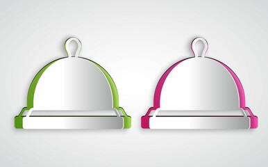 Paper cut Covered with a tray of food icon isolated on grey background. Tray and lid sign. Restaurant cloche with lid. Paper art style. Vector