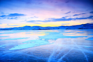 baikal ice landscape, winter season, transparent ice with cracks on the lake